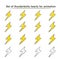 Set cartoon thunderbolt animation frame, hand lightning sketch, doodle vector. yellow symbols drawn brush, pen, ink, Isolated