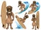 Set of cartoon tiki mask play surfing collection