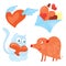 Set of cartoon valentines day romantic icons . Red flying heart, love envelope, blue kitten and heart-shaped pig.