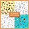 Set cartoon vector doodles hand drawn birthday party and sweets seamless patterns