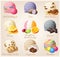 Set of cartoon vector icons. Ice cream scoops with different fruit and berry flavors. Pink Bubblegum, Taro, Rum Raisin