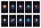 Set of cartoon vertical posters with planets, stars and satellites. Cosmos theme collection. Solar system outer space planets