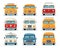 set of cartoon vintage retro cars isolated on white trucks buses.