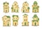 Set of cartoon yellow houses. A beautiful, cozy country house in a traditional European style. Collection of Cute funny