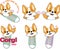 Set of cartoonish welcoming portraits of a welsh corgi