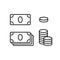 Set of cash icon. Linear paper money, stack of coins. Black illustration of banknotes, metal coins, dollars for bank design.