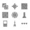 Set Casino roulette wheel, Dart arrow, Hearts for game, Chess, Tetris, Board of checkers, and Game dice icon. Vector