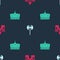 Set Castle, fortress, Medieval axe and King crown on seamless pattern. Vector