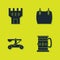 Set Castle tower, Wooden mug, Catapult shooting stones and Body armor icon. Vector