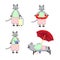 Set of cat on summer holidays. Cute funny cat sunglasses beach cocktail chaise lounge suitcase lifebuoy Isolated objects