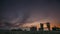 Set. Catalonia, Spain. Spring Sunset Sky Above Spanish Countryside Rural Wheat Field Landscape. Lonely Barn Farm