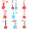 Set of Celsius and fahrenheit meteorology thermometers measuring heat and cold, vector illustration. Thermometer equipment showing