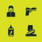 Set Censor and freedom of speech, Burning car, Pepper spray and Pistol gun icon. Vector