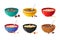 Set Ceramic Bowls with Cereals Breakfast, Milk, Chocolate and Berries. Healthy Food Concept. Realistic Colorful Plates