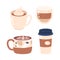 Set of Ceramic and Carton Disposable Cups Brimming With Freshly Brewed Coffee with Foam Decor Isolated Icons