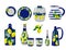 A set of ceramic dishes - plates, jugs, a vase and cutting board, glasses and an oil can. Italian pattern with yellow