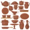 Set of ceramic pottery. Beautiful clay dishes with decorative ornament.