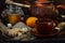 Set of ceramic teapot and cup with ginger tea in it.