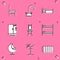 Set Chair, Water tap, Bed, Shower cabin, Bunk bed, Armchair and Coat stand icon. Vector