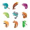 Set chameleon lizards with various coloring, flat vector illustration isolated.