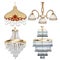 set of chandelier lamps fixtures with crystal pendants on a white background