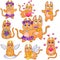 Set of characters of cats of different sexes in different situations - vector clip art. Dancing cats, angel cats, cats in love -