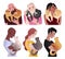 Set with characters. Girls and boys with their cats. Colored vector illustration