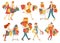 Set of characters of people making multiple purchases, flat vector isolated.