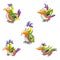 Set of cheerful multi-colored parrots. Tropical bird. Collection