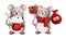 Set of cheerful watercolor christmas baby mouse in red scarf illustration with christmas ornaments