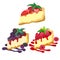 set of cheesecakes with berry filling (strawberries, blueberries, raspberries), decorated with mint sprigs and sauce.