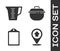 Set Chef hat with location, Measuring cup, Cutting board and Cooking pot icon. Vector