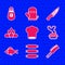 Set Chef hat, Sausage, Meat chopper, Homemade pie, Fish, Campfire, and Pepper icon. Vector