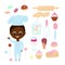 Set chef and a variety of sweets. Pastry chef African or African American boy and rolling pin for dough, dough.