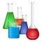 Set of chemical flasks with colorful fluids, erlenmeyer conical, flat-bottomed