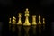 Set of chess checkmate concept .3D rendering illustration of gold metallic chess figures with major and minor pieces isolated on