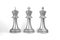 Set of chess checkmate concept .3D rendering illustration of silver metallic chess figures with major and minor pieces isolated on