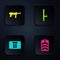 Set Chevron, Submachine gun M3, Dynamite bomb and Police rubber baton. Black square button. Vector