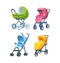 Set of childish colorful folding stroller, buggy, baby carriage, child wagon, infant transport