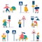 Set of children children learning and memorizing traffic rules signs near roads outdoors