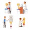 Set of children eye vision checkup in clinic flat vector illustration isolated.