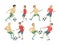 Set of children football players. Boys play football with the ball. Vector illustration