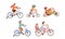 Set of children riding bicycles of different types - city, 4 wheel, balance bike and bmx bicycle with Child Seat, Baby