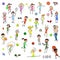 A set of children`s and adults` figures painted in children`s style, engaged in various summer sports. Personalizes the family an