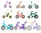 A set of children`s bicycles of different colors and designs