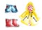 A set of children\\\'s clothes for a spring walk. Blue denim shorts and red boots, yellow raincoat.
