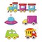 A set of children\\\'s toys transport. Cars, steam train, flying saucer