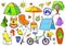 Set with children`s trekking in the forest, fishing, picnic. Doodle vector