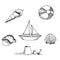 Set of children toys for playing on the beach. Seashell, inflatable striped ball, ship, boat, sand shapes for castle building.