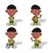 Set of children waving his hand, playing soccer, eating candy and yelling vector illustration